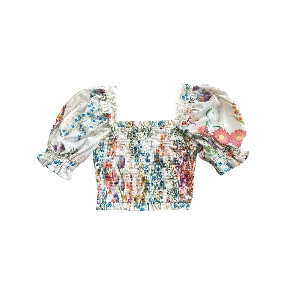 Chicwish Puff Sleeve Smocked Floral Top Blouse Cottagecore Coquette‎ Size Medium
